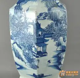 清嘉道45厘米青花山水六方花瓶