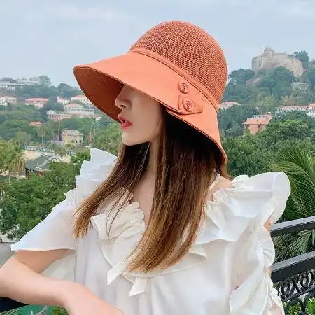 渔夫帽子女春夏季韩版百搭时尚扣子拼接透气遮阳防晒适合圆脸盆帽