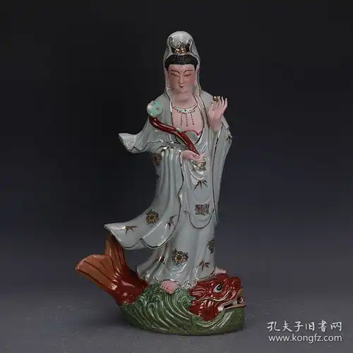 老厂货,青釉描金雕塑瓷,观音佛像,雕塑瓷厂