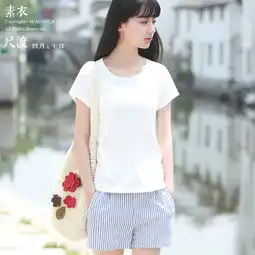 尺渡尺渡枕竹简约文艺棉麻条纹短裤气质复古通勤热裤女2015夏简单网www.j.cn
