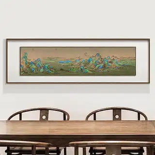 尚得堂羽墨千里江山图279x89cm宣纸圆角黑色实木框