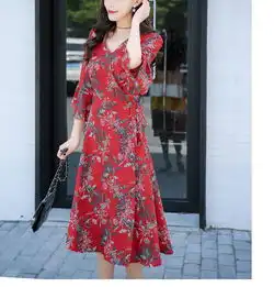 乡情浓春夏新款韩版小清新碎花连衣裙喇叭袖中长款高腰打底雪纺裙8057
