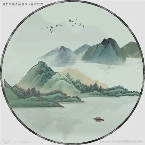 高清手绘绿色山水人家装饰画图片