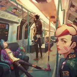 英雄联盟的几个英雄在一节车厢,身上有战队logo的图片,有阿卡丽,金克斯等,谁有发给我谢谢