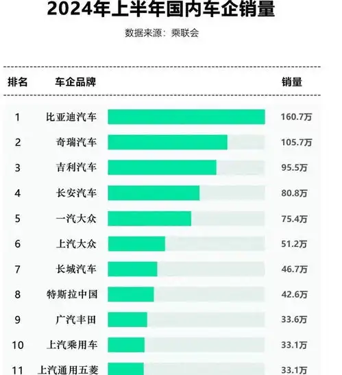 2024年上半年汽车销量排行榜出炉,国产品牌占据六席