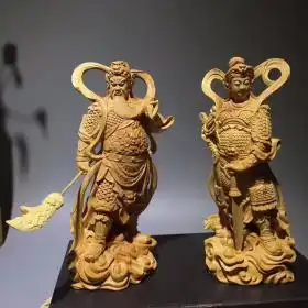 左右护法神像,韦陀尊者,关公伽蓝菩萨,招财辟邪镇宅门神一对小叶黄杨木,精雕半手工,礼盒包装,结缘的来高18公分方氏工艺