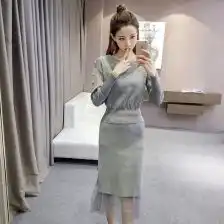 灰色蕾丝连衣裙两件套