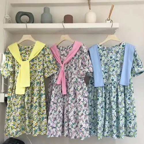 韩版小清新碎花连衣裙带披肩