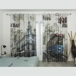 3d数码印花旧上海电车个性定制ins北欧风建筑窗帘窗纱