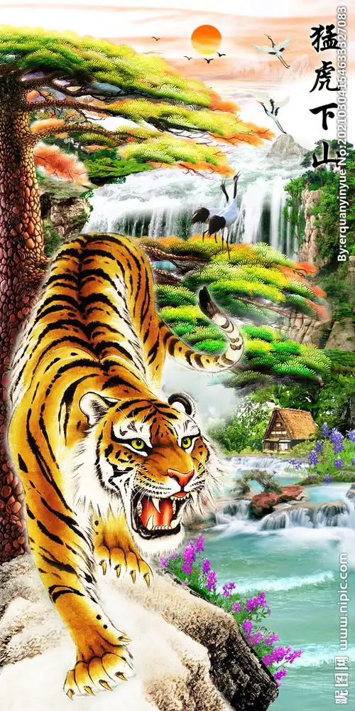 猛虎下山中式玄关背景墙图片