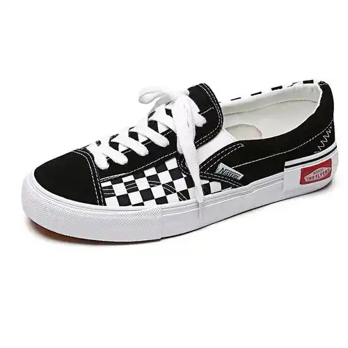 韩版ullzang百搭格子板鞋男ins超火低帮鞋系带港风鞋一脚蹬帆布鞋