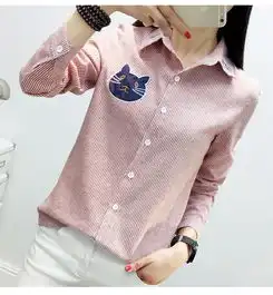 fx新款韩版条纹长袖衬衫百搭猫头刺绣打底衬女
