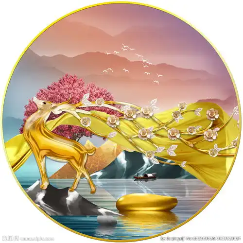 中式麋鹿石头圆形画图片