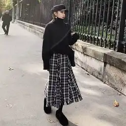浅灰色流苏欧美格子蓬蓬裙
