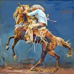 油画世界里驰骋在蓝天白云下的西部牛仔
