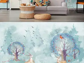 北欧小清新手绘水彩卡通麋鹿大树田园背景墙图片素材psd效果图下载现代简约电视背景墙图大全电视背景墙编号19190091