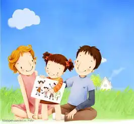 手绘幸福家庭生活之拿着画纸坐在绿色草地上堆糖,美好生活研究所