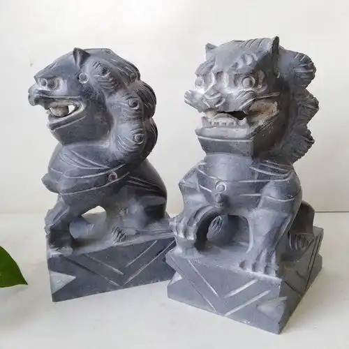 嘴含珠子青石小狮子一对摆件风水镇宅辟邪招财看门石狮开光包邮