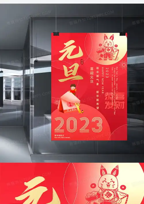 2023元旦海报新年喜迎元旦海报红色红金喜庆新年过年跨年word模板下载熊猫办公